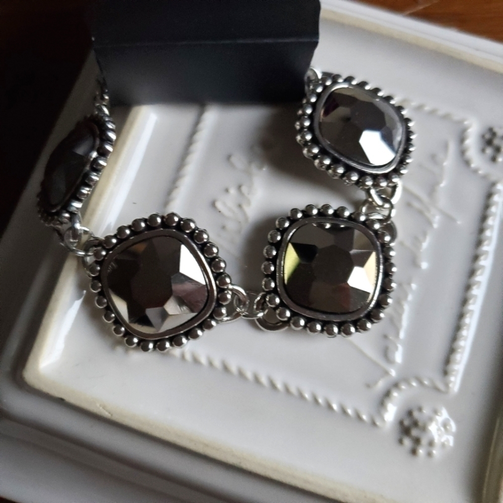 NWTG Studded Silver Frame Black Rhinestones Vintage Bracelet
